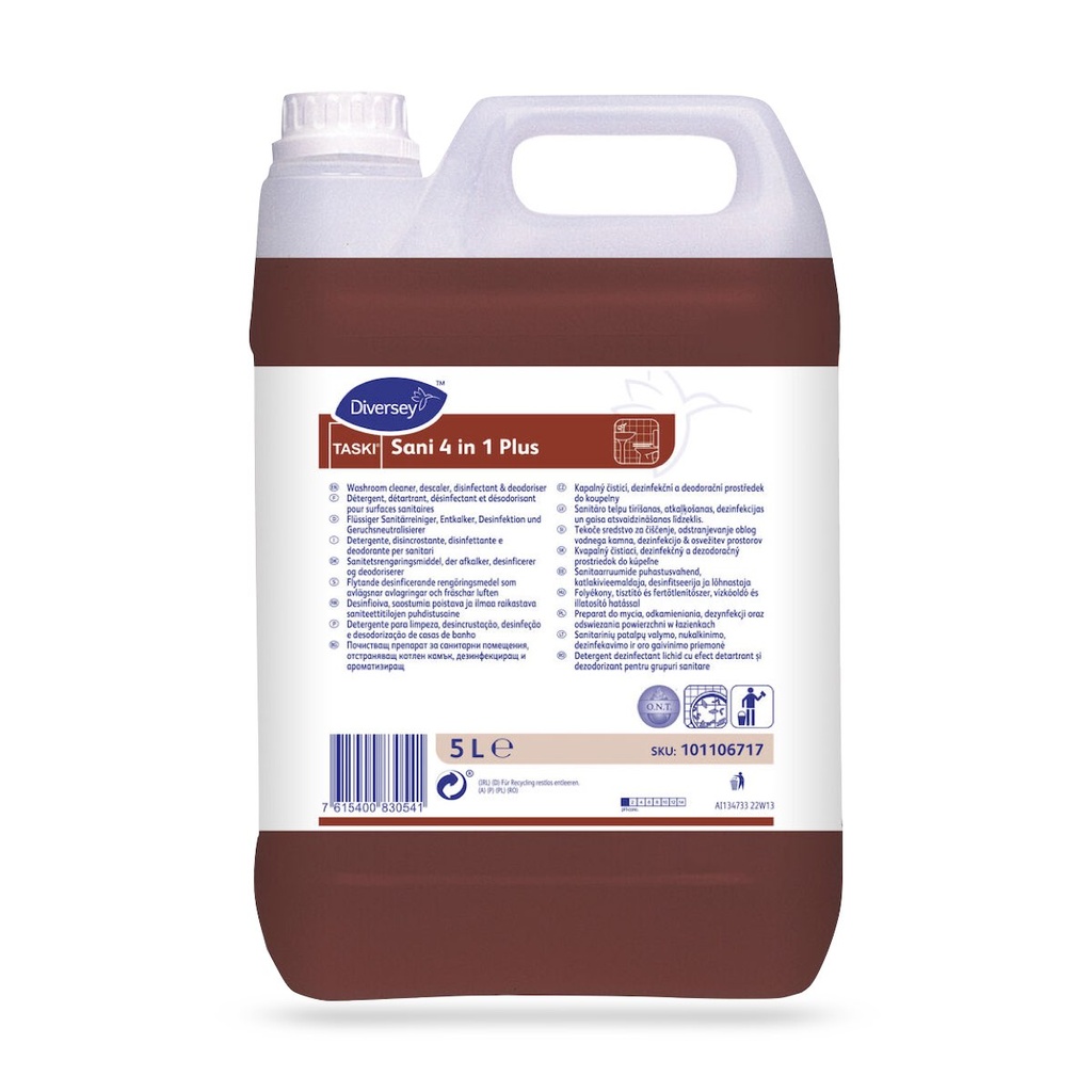 Taski Sani 4 In 1 Plus tejsav alapú koncentrált általános tisztító- fertőtlenítőszer vízkőoldó és illatosító hatással 5 l-es