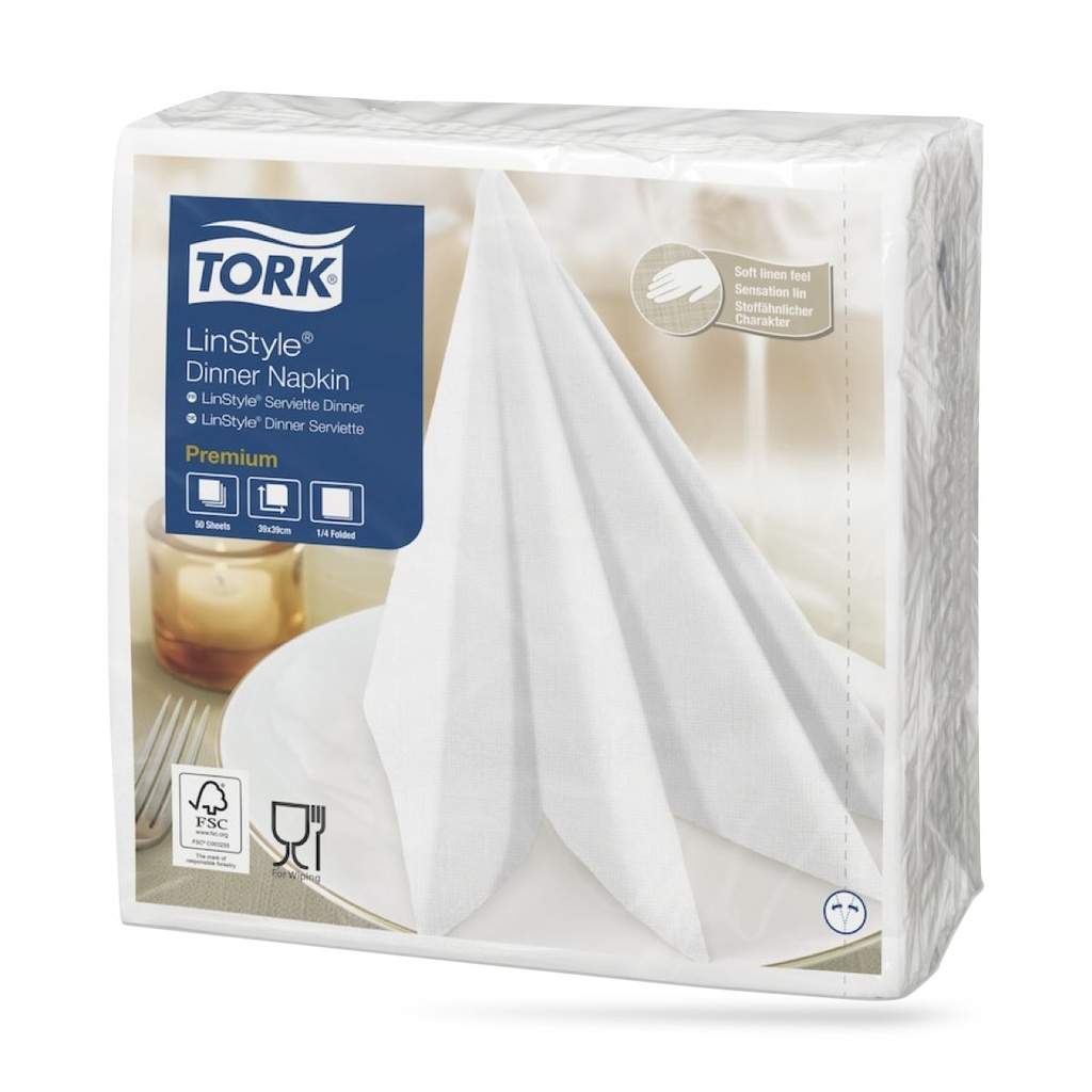 Tork LinStyle textilhatású szalvéta 39 x 39 cm-es cm-es 1 r. 50 lapos fehér