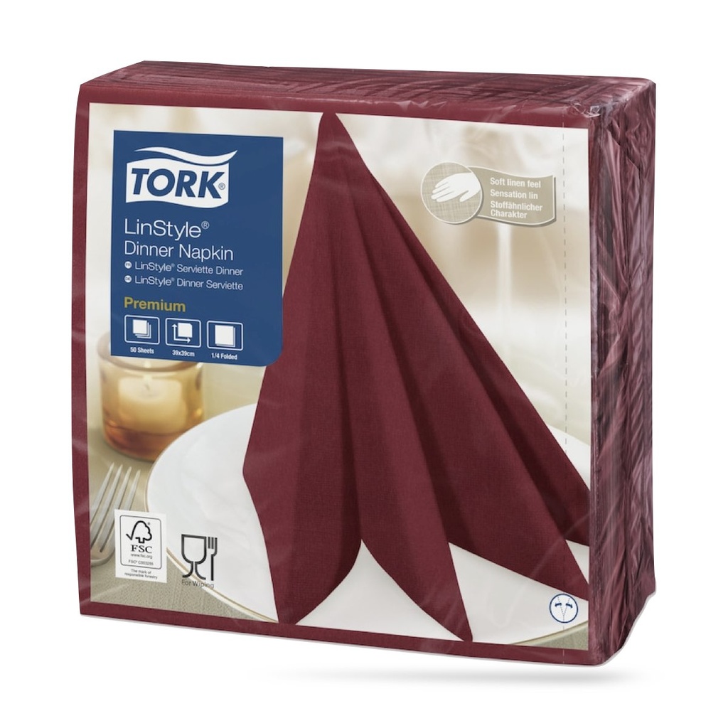 Tork LinStyle textilhatású szalvéta 39 x 39 cm-es 1 r. 50 lapos bordó
