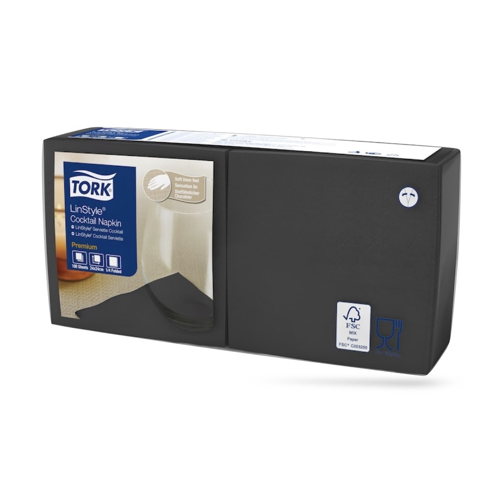 Tork LinStyle textilhatású koktélszalvéta 24 x 24 cm-es cm-es 1 r. 100 lapos fekete